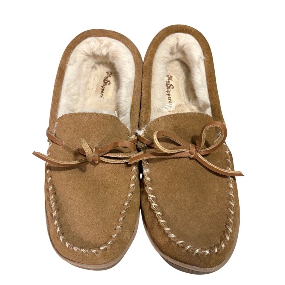 MyPillow MySlippers Women 8 Moccasin‎ Suede Faux Fur Lined Chestnut Brown